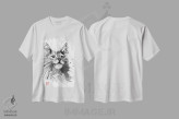 تیشرت سفید طرح دار گربه پشمالو، هنر تزئینی سیاه و سفید اثر پِشان | فروشگاه ایماژ
