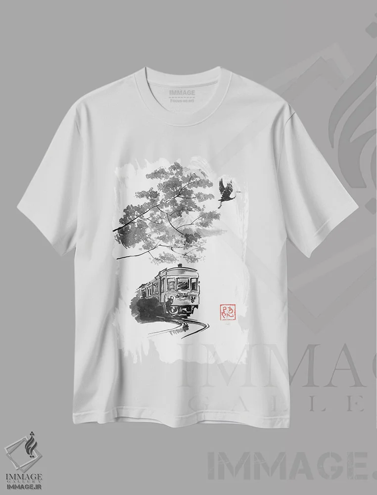تیشرت سفید طرح دار قطار، لک لک و فوجی، دکور آسیایی اثر پِشان | immage.ir