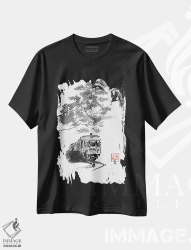 تیشرت مشکی طرح دار قطار، لک لک و فوجی، دکور آسیایی اثر پِشان | فروشگاه ایماژ