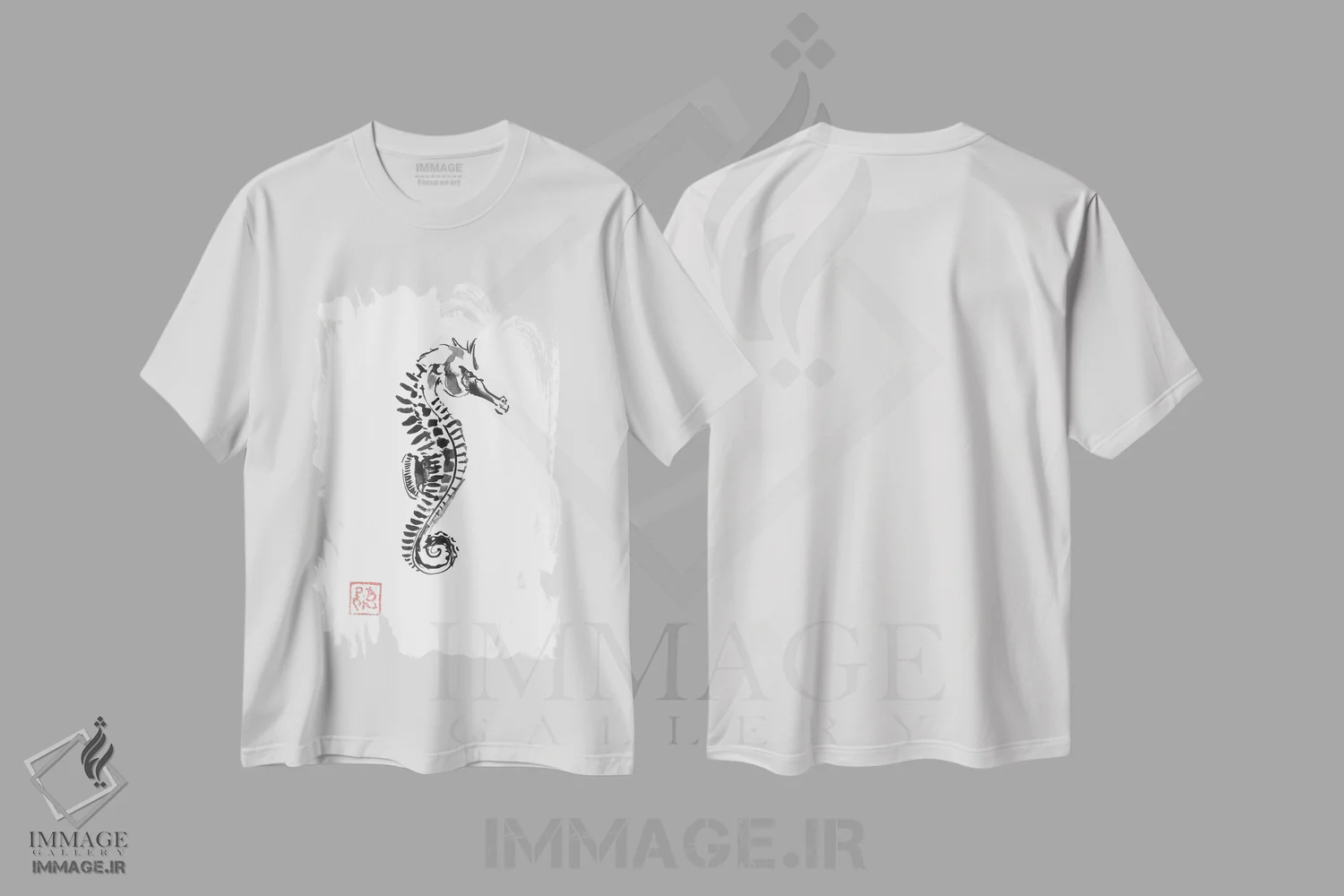تیشرت سفید طرح دار اسب دریایی، دکور آسیایی اثر پِشان | فروشگاه ایماژ