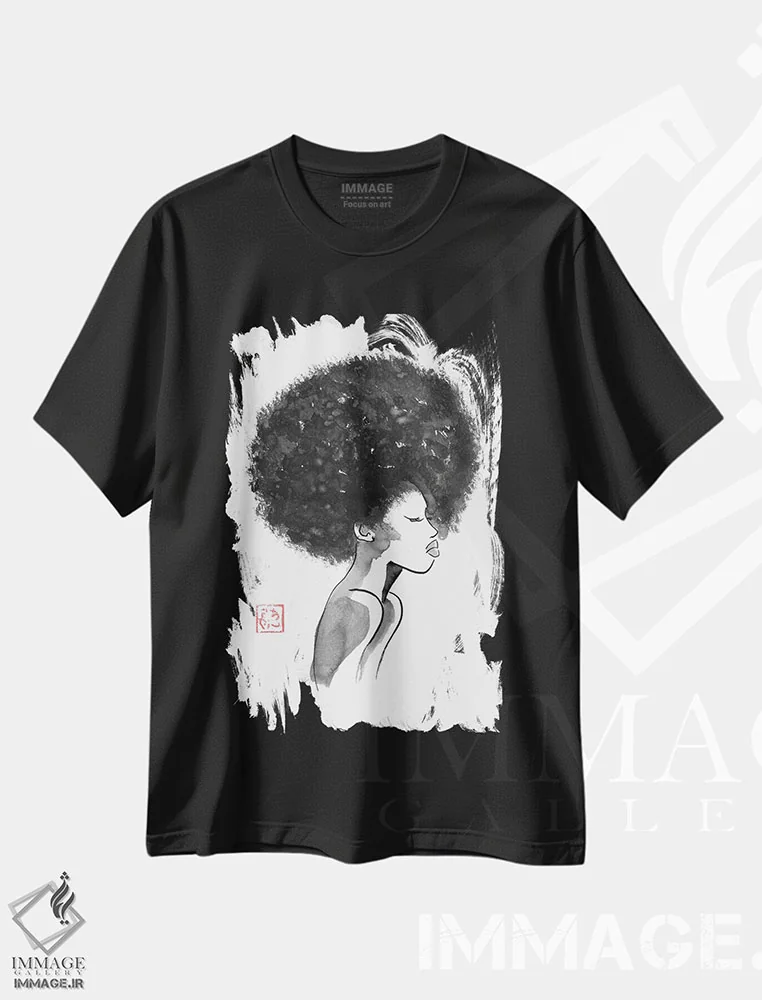 تیشرت مشکی طرح دار مدل موی آفرو، هنر آمریکایی آفریقایی تبار اثر پِشان | immage.ir