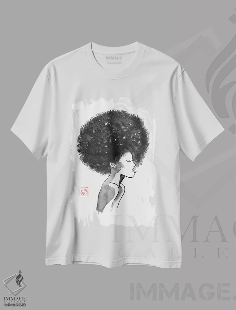 تیشرت سفید طرح دار مدل موی آفرو، هنر آمریکایی آفریقایی تبار اثر پِشان | فروشگاه ایماژ