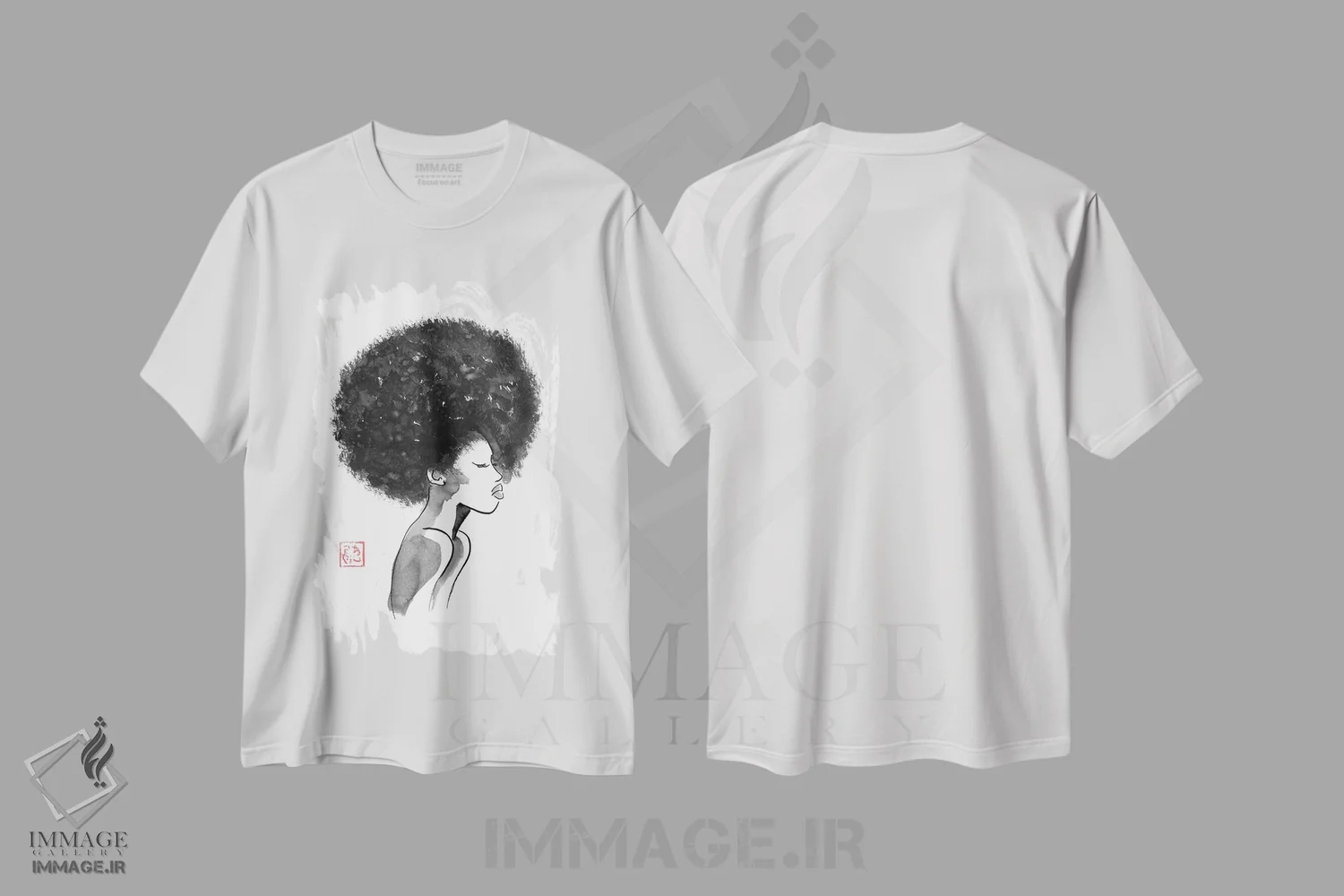 تیشرت سفید طرح دار مدل موی آفرو، هنر آمریکایی آفریقایی تبار اثر پِشان | فروشگاه ایماژ