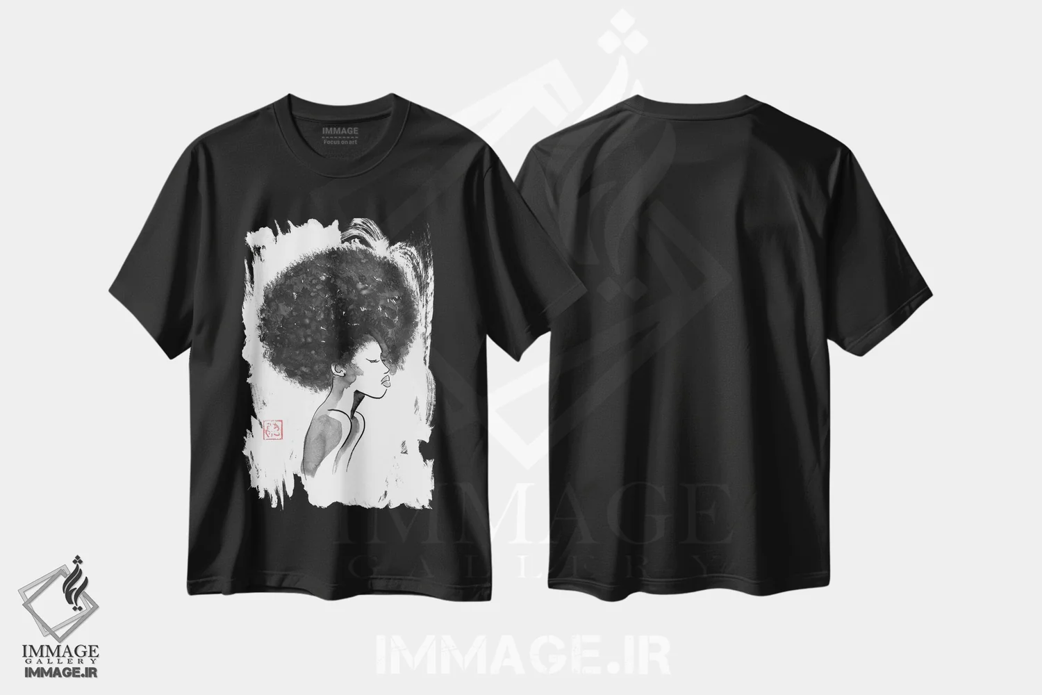 تیشرت مشکی طرح دار مدل موی آفرو، هنر آمریکایی آفریقایی تبار اثر پِشان | immage.ir