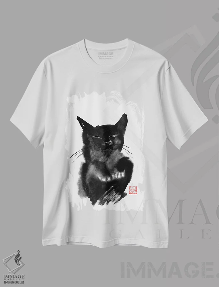 تیشرت سفید طرح دار گربه شاد، هنر تزئینی سیاه و سفید اثر پِشان | فروشگاه ایماژ