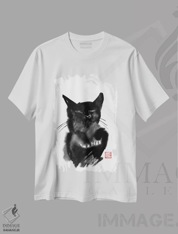 تیشرت سفید طرح دار گربه شاد، هنر تزئینی سیاه و سفید اثر پِشان | فروشگاه ایماژ