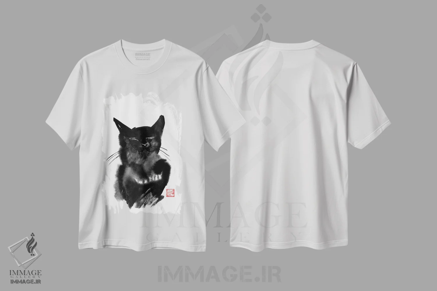 تیشرت سفید طرح دار گربه شاد، هنر تزئینی سیاه و سفید اثر پِشان | فروشگاه ایماژ