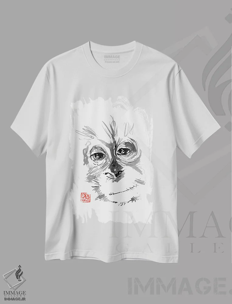 تیشرت سفید طرح دار اورانگوتان بچه، هنر تزئینی سیاه و سفید اثر پِشان | immage.ir