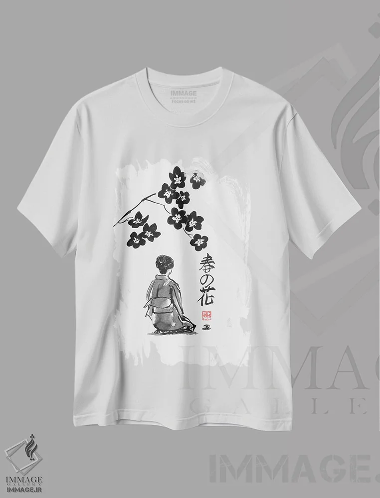 تیشرت سفید طرح دار گل بهاری، دکور آسیایی اثر پِشان | فروشگاه ایماژ