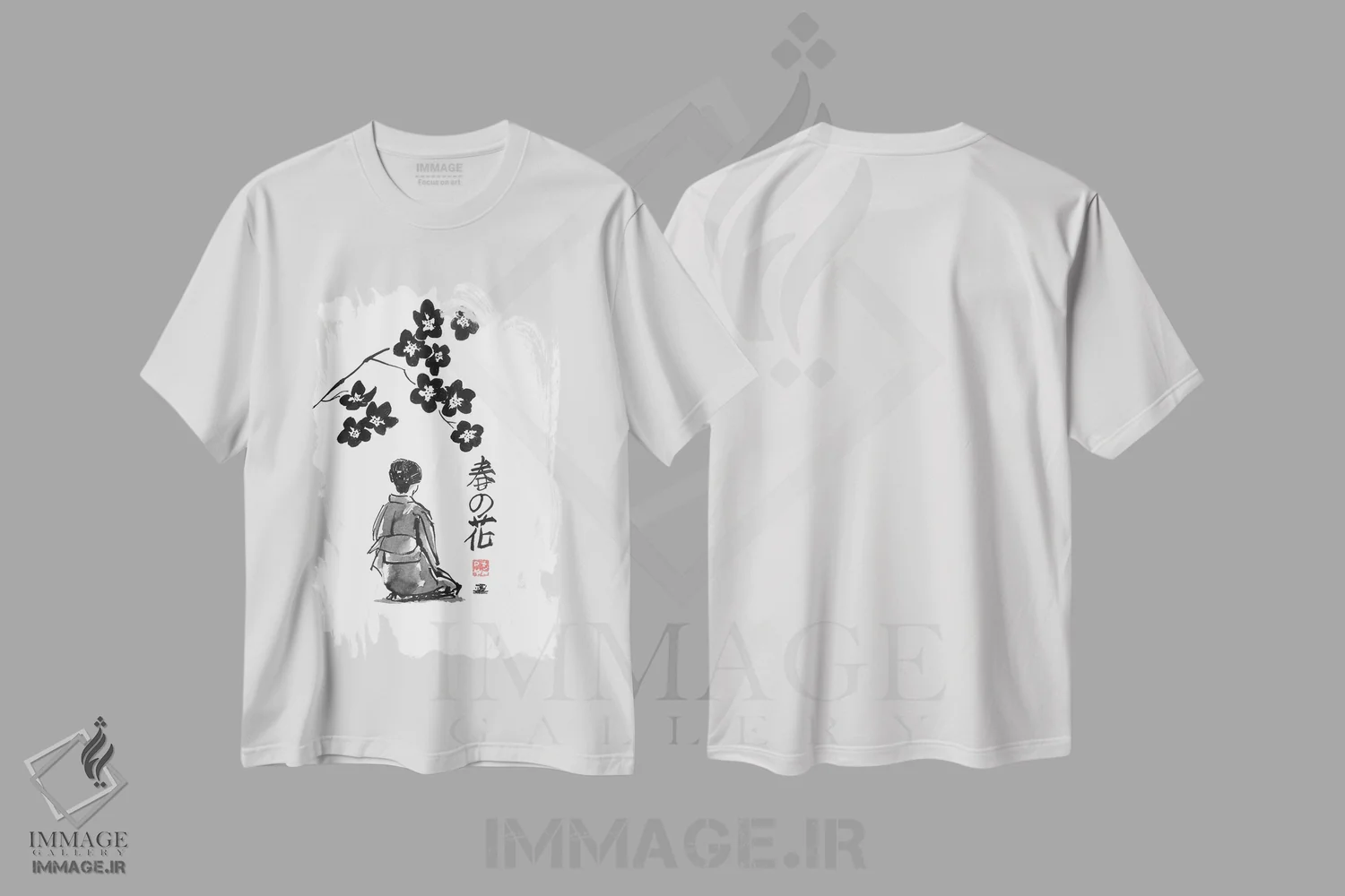 تیشرت سفید طرح دار گل بهاری، دکور آسیایی اثر پِشان | فروشگاه ایماژ