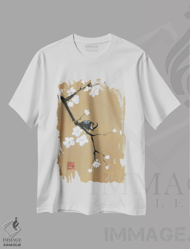 تیشرت سفید طرح دار سوسک روی شاخه، دکور آسیایی اثر پِشان | فروشگاه ایماژ