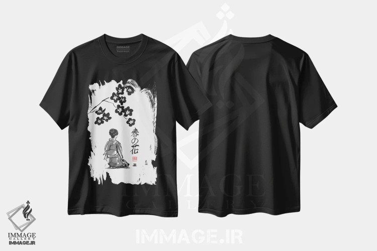تیشرت مشکی طرح دار گل بهاری، دکور آسیایی اثر پِشان | immage.ir