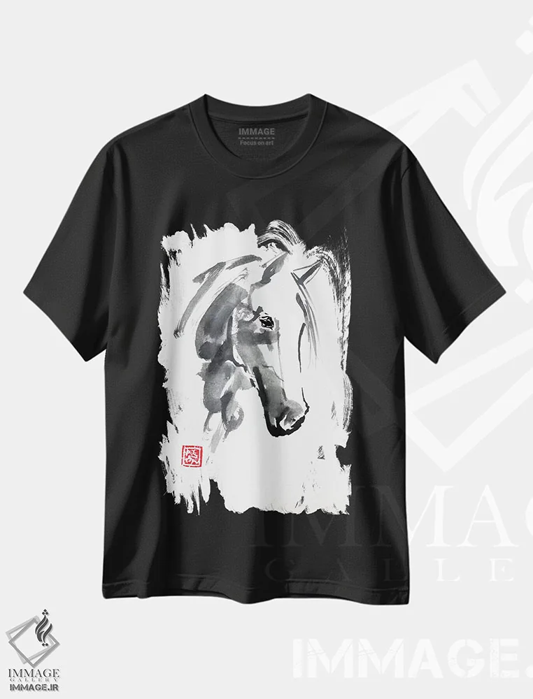 تیشرت مشکی طرح دار سر اسب، هنر تزئینی سیاه و سفید اثر پِشان | فروشگاه ایماژ
