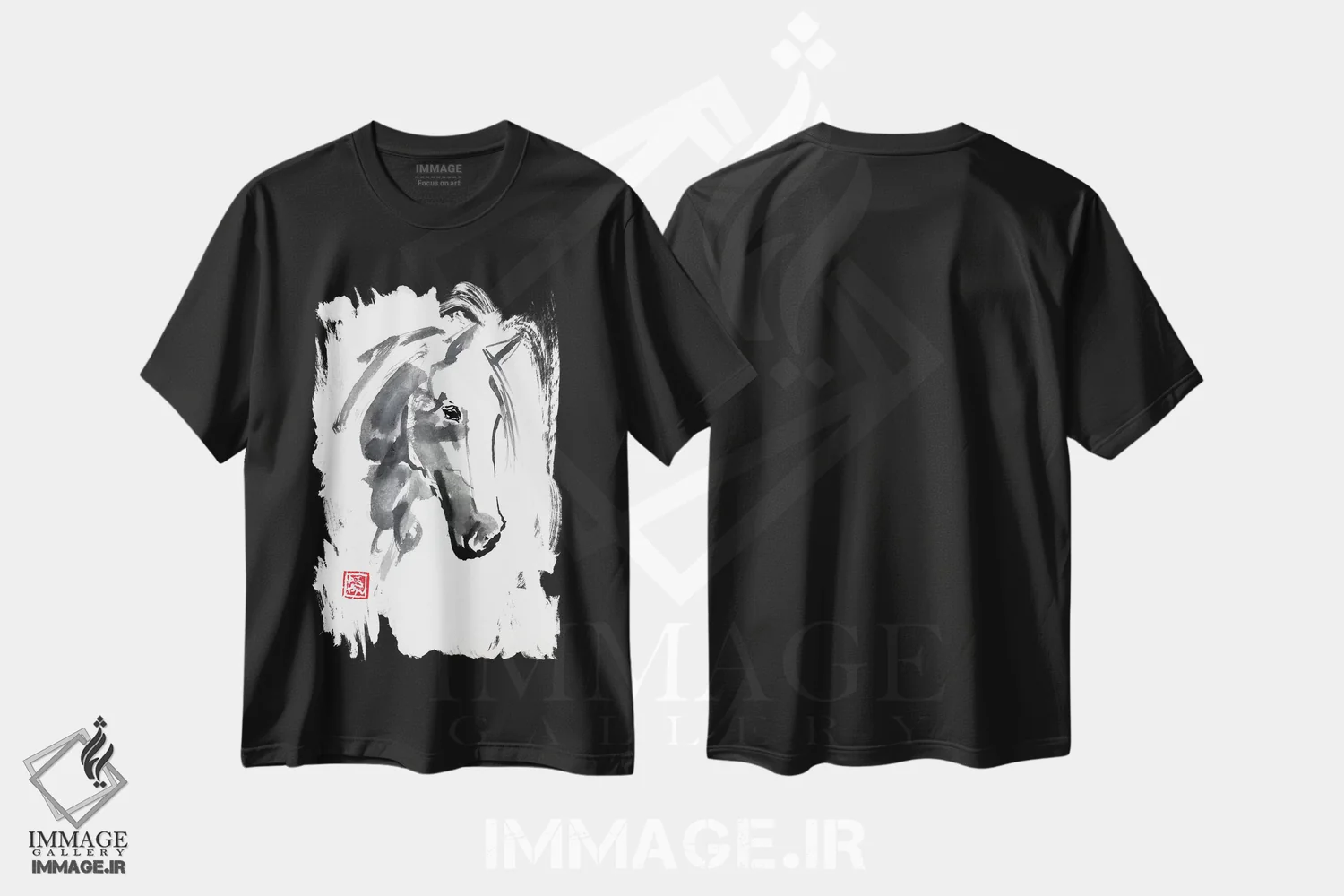 تیشرت مشکی طرح دار سر اسب، هنر تزئینی سیاه و سفید اثر پِشان | فروشگاه ایماژ