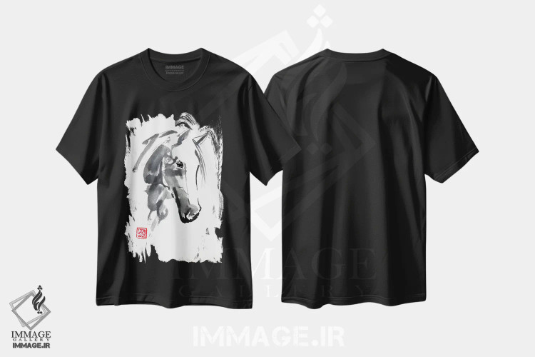 تیشرت مشکی طرح دار سر اسب، هنر تزئینی سیاه و سفید اثر پِشان | فروشگاه ایماژ