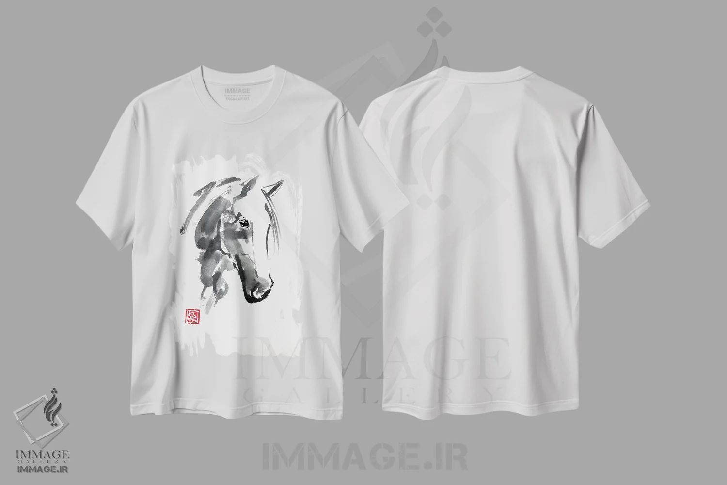 تیشرت سفید طرح دار سر اسب، هنر تزئینی سیاه و سفید اثر پِشان | immage.ir
