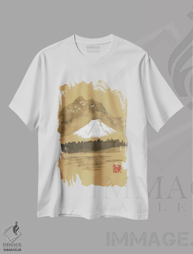 تیشرت سفید طرح دار فوجی روی کاغذ قهوه ای، دکور آسیایی اثر پِشان | فروشگاه ایماژ