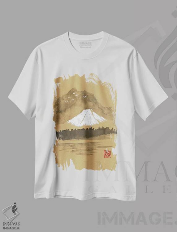 تیشرت سفید طرح دار فوجی روی کاغذ قهوه ای، دکور آسیایی اثر پِشان | فروشگاه ایماژ