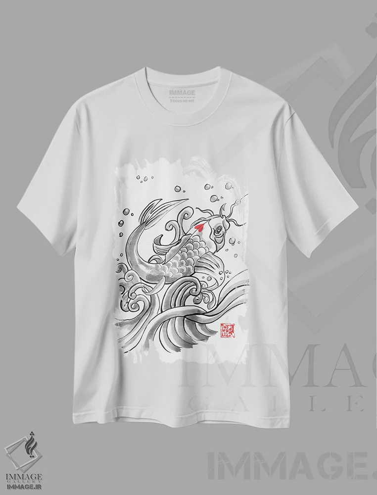 تیشرت سفید طرح دار کوی ماهی گیری شد، دکور آسیایی اثر پِشان | فروشگاه ایماژ