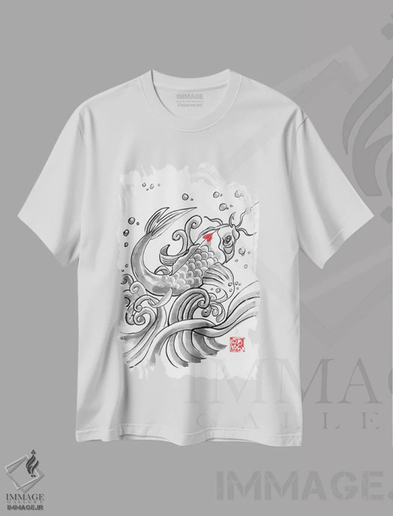 تیشرت سفید طرح دار کوی ماهی گیری شد، دکور آسیایی اثر پِشان | فروشگاه ایماژ