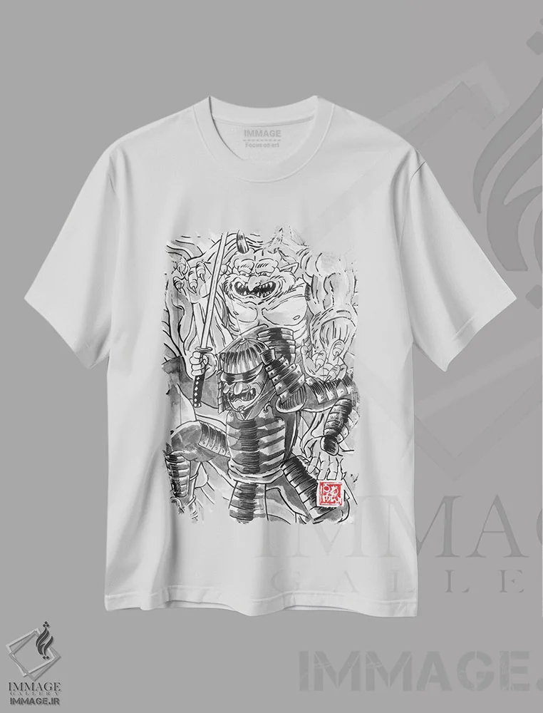 تیشرت سفید طرح دار سامورایی اونی، دکور آسیایی اثر پِشان | immage.ir