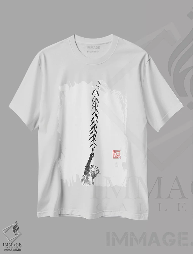 تیشرت سفید طرح دار گربه زیر درخت بید، دکور آسیایی اثر پِشان | فروشگاه ایماژ