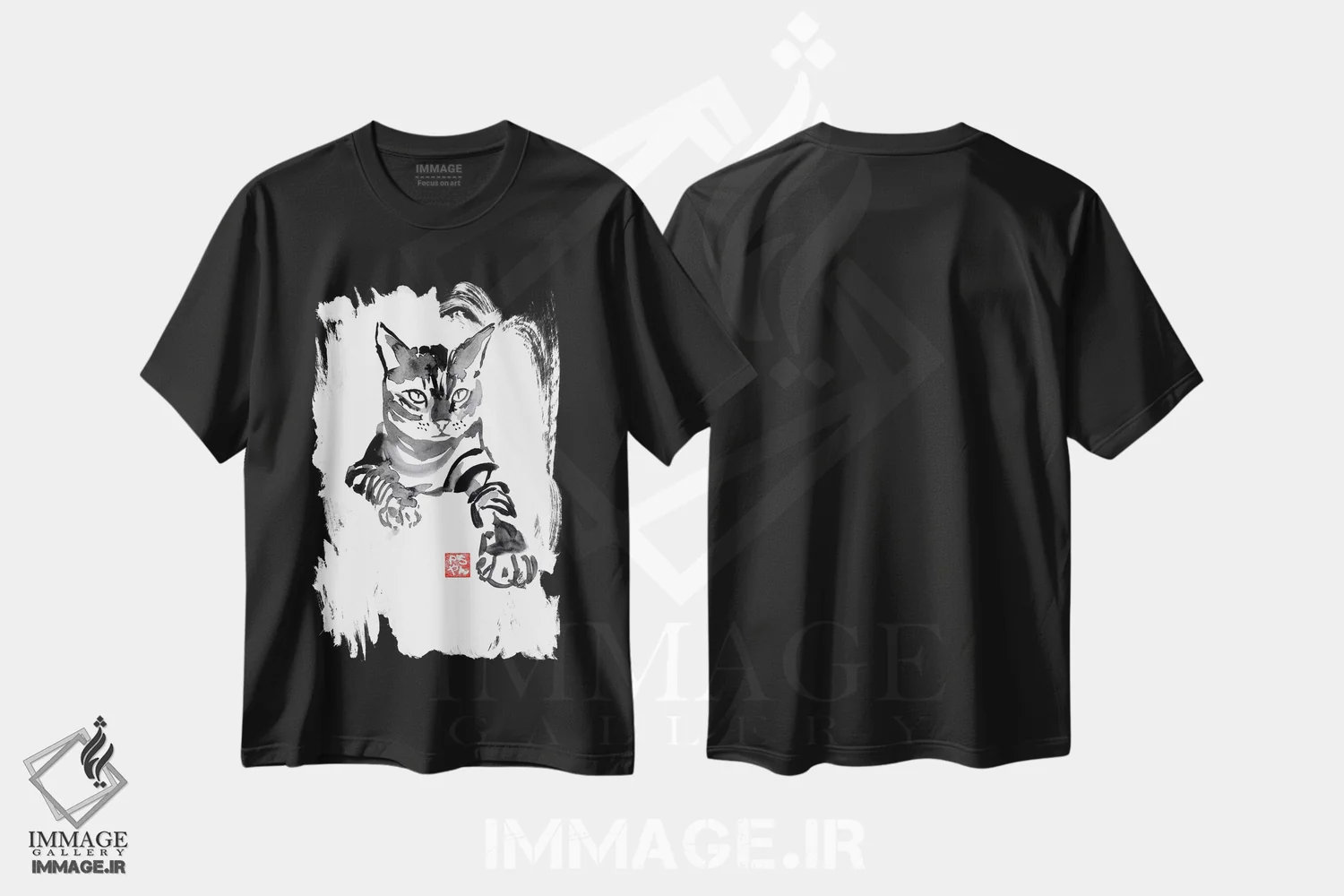 تیشرت مشکی طرح دار نصب شده، هنر تزئینی سیاه و سفید اثر پِشان | فروشگاه ایماژ