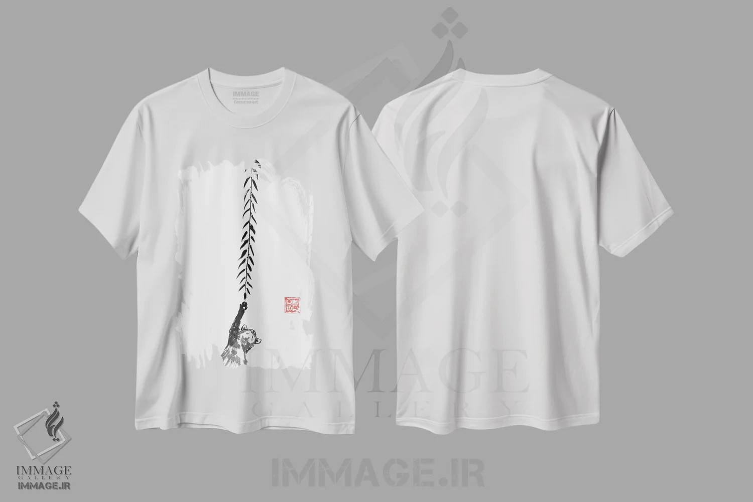 تیشرت سفید طرح دار گربه زیر درخت بید، دکور آسیایی اثر پِشان | فروشگاه ایماژ