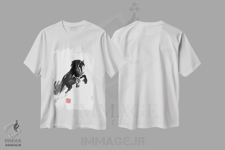 تیشرت سفید طرح دار اسب پرنده، هنر تزئینی سیاه و سفید اثر پِشان | فروشگاه ایماژ