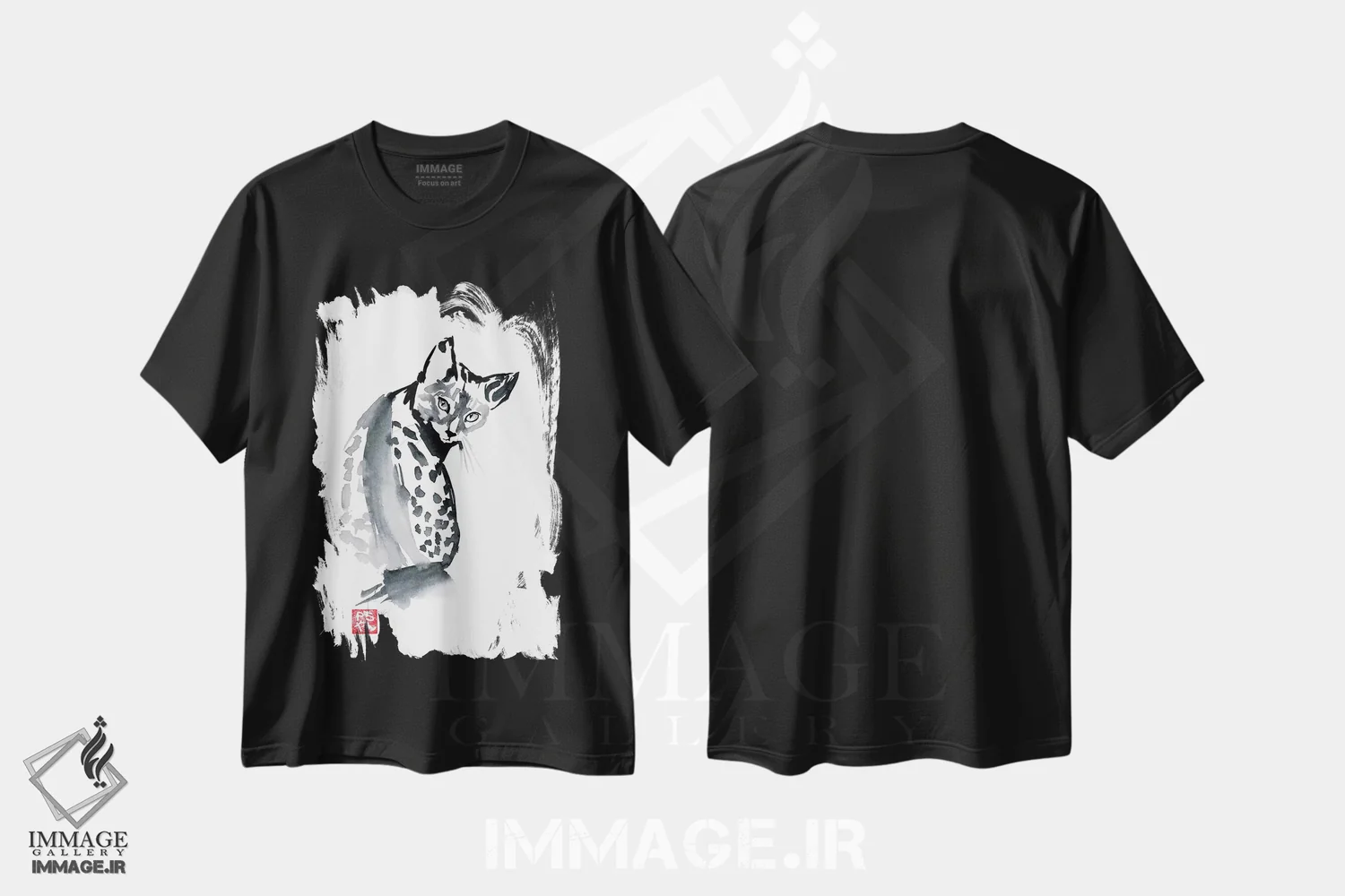 تیشرت مشکی طرح دار گربه پلنگی، هنر تزئینی سیاه و سفید اثر پِشان | فروشگاه ایماژ