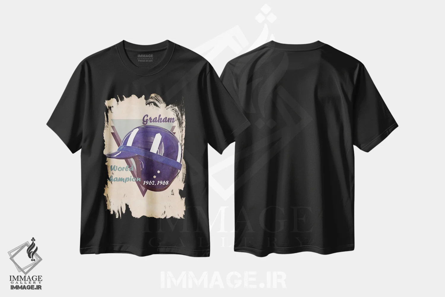 تیشرت مشکی طرح دار کلاه ایمنی رتو گراهام هیل، تزئینی اثر پاپ کالت پوسترز | immage.ir