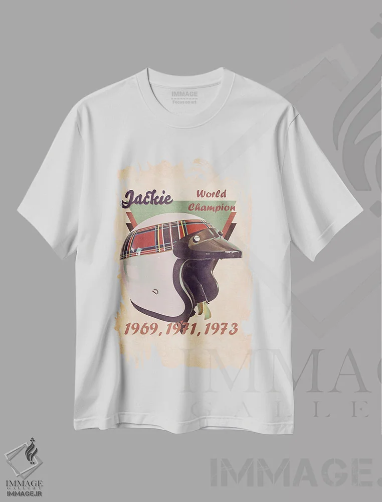 تیشرت سفید طرح دار کلاه ایمنی رتو جکی استوارت، تزئینی اثر پاپ کالت پوسترز | فروشگاه ایماژ