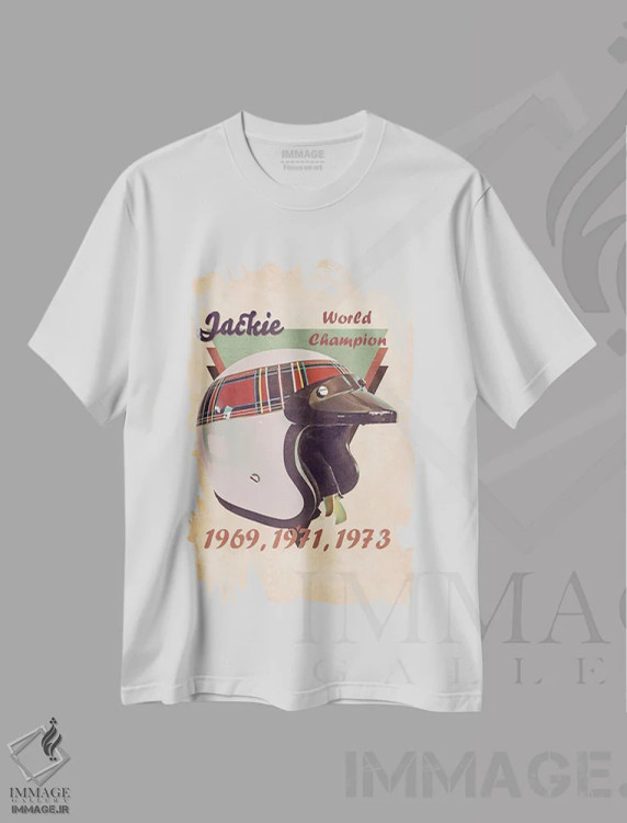 تیشرت سفید طرح دار کلاه ایمنی رتو جکی استوارت، تزئینی اثر پاپ کالت پوسترز | فروشگاه ایماژ