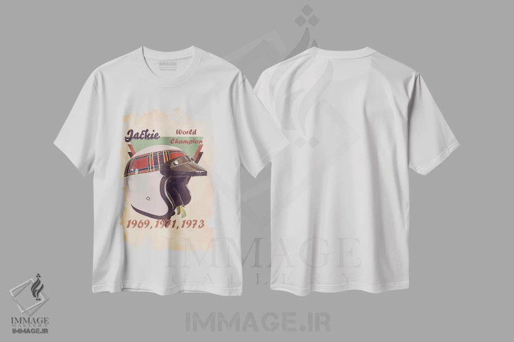 تیشرت سفید طرح دار کلاه ایمنی رتو جکی استوارت، تزئینی اثر پاپ کالت پوسترز | فروشگاه ایماژ