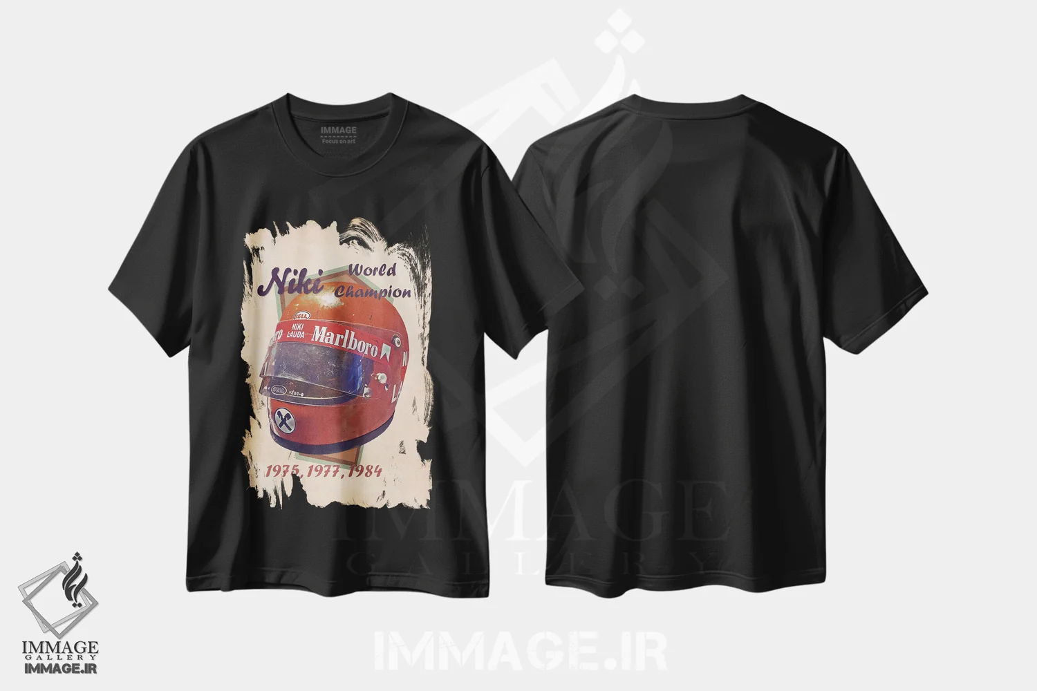 تیشرت مشکی طرح دار کلاه ایمنی رتو نیکی لادا، تزئینی اثر پاپ کالت پوسترز | فروشگاه ایماژ