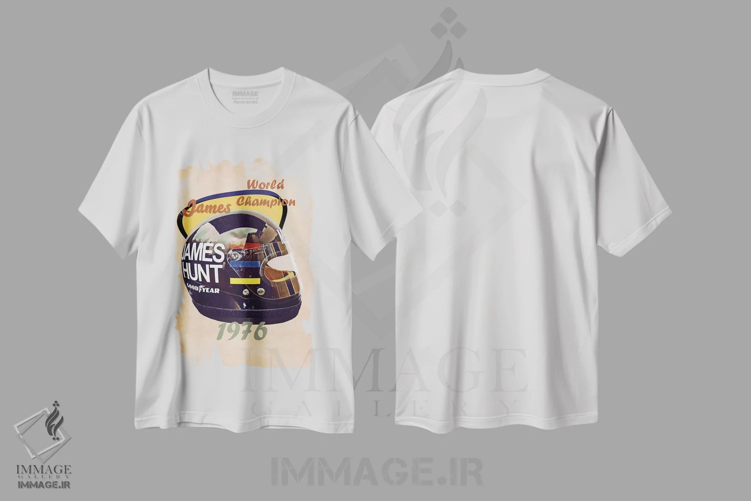 تیشرت سفید طرح دار کلاه ایمنی رتو جیمز هانت، تزئینی اثر پاپ کالت پوسترز | فروشگاه ایماژ