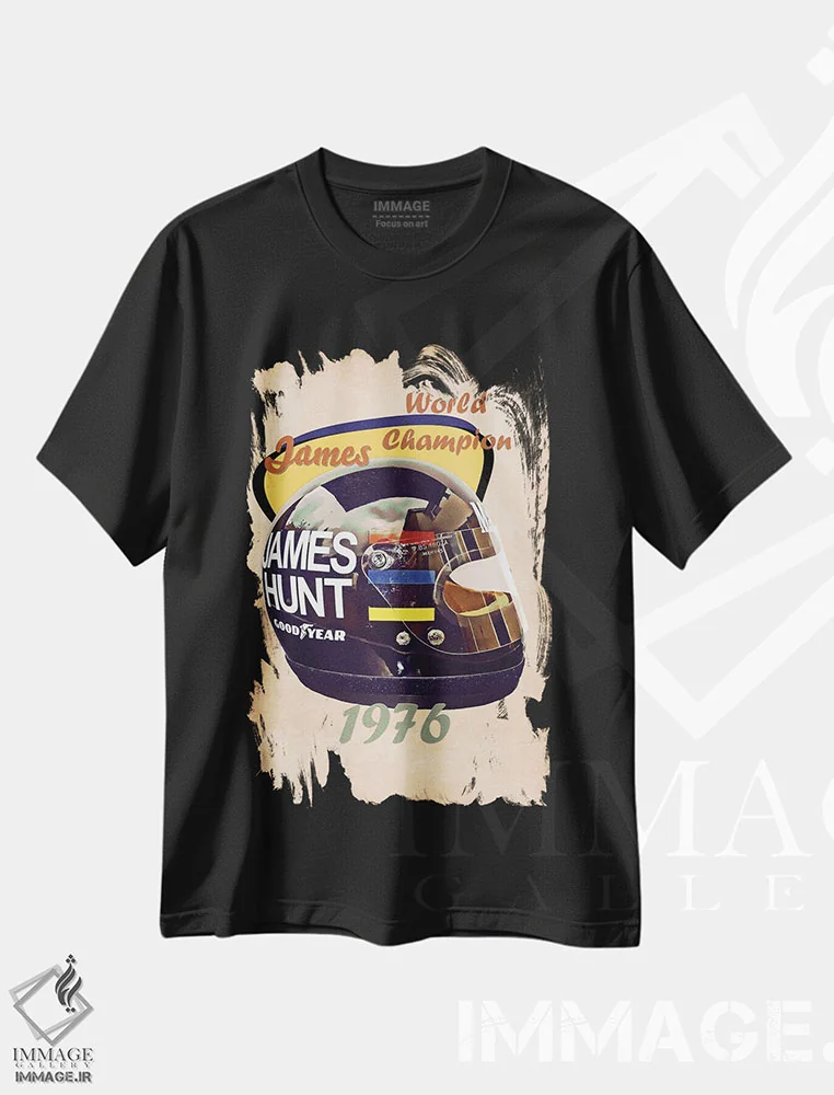 تیشرت مشکی طرح دار کلاه ایمنی رتو جیمز هانت، تزئینی اثر پاپ کالت پوسترز | immage.ir