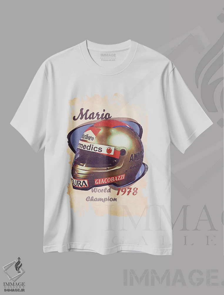 تیشرت سفید طرح دار کلاه ایمنی رتو ماریو آندرتی، تزئینی اثر پاپ کالت پوسترز | immage.ir