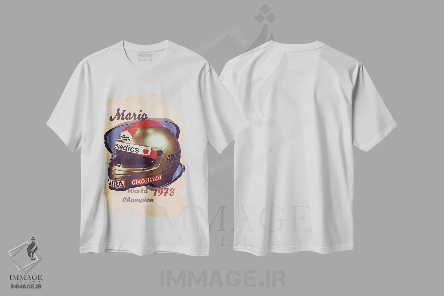 تیشرت سفید طرح دار کلاه ایمنی رتو ماریو آندرتی، تزئینی اثر پاپ کالت پوسترز | immage.ir