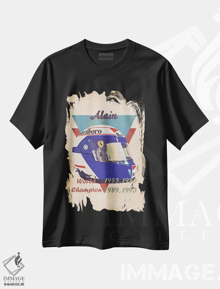 تیشرت مشکی طرح دار کلاه ایمنی رتو آلن پروست، تزئینی اثر پاپ کالت پوسترز | immage.ir