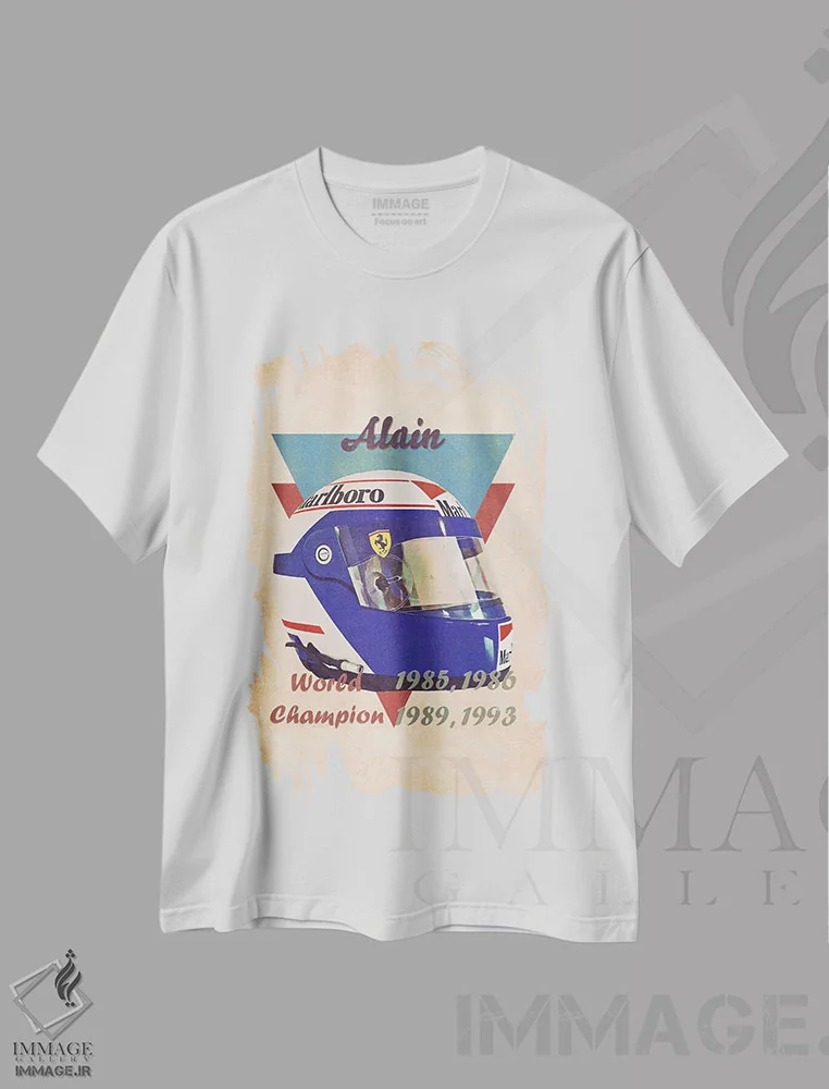 تیشرت سفید طرح دار کلاه ایمنی رتو آلن پروست، تزئینی اثر پاپ کالت پوسترز | فروشگاه ایماژ