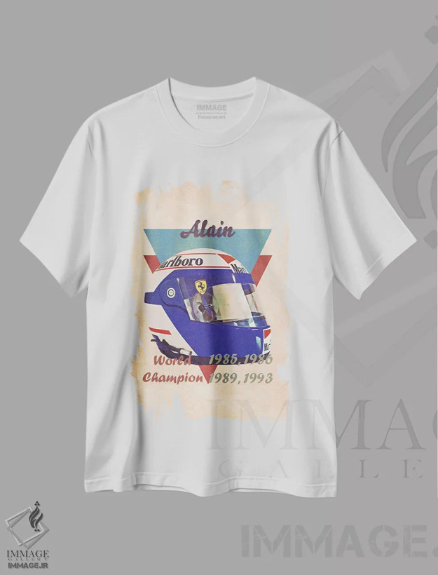 تیشرت سفید طرح دار کلاه ایمنی رتو آلن پروست، تزئینی اثر پاپ کالت پوسترز | فروشگاه ایماژ