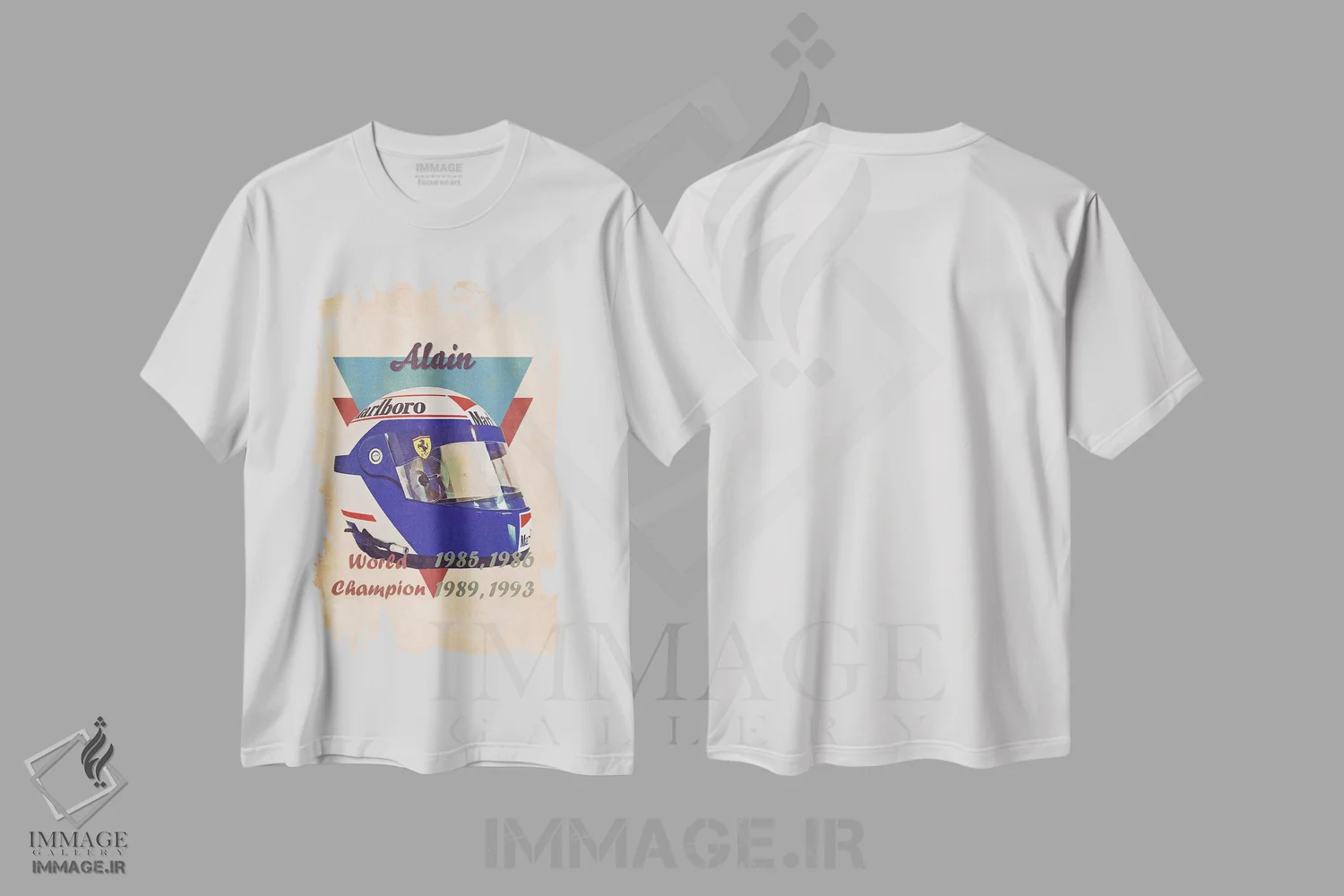 تیشرت سفید طرح دار کلاه ایمنی رتو آلن پروست، تزئینی اثر پاپ کالت پوسترز | فروشگاه ایماژ