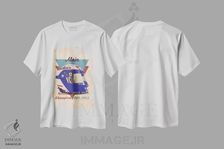 تیشرت سفید طرح دار کلاه ایمنی رتو آلن پروست، تزئینی اثر پاپ کالت پوسترز | فروشگاه ایماژ