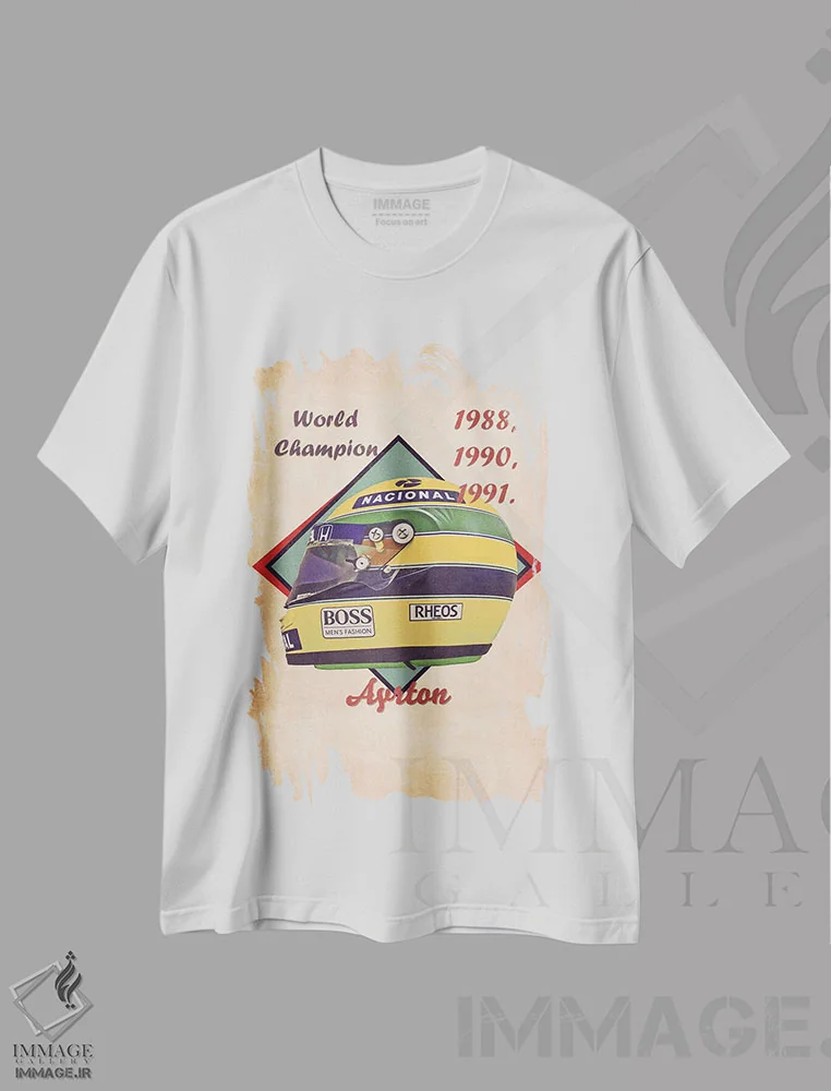 تیشرت سفید طرح دار کلاه ایمنی رتو آیرتون سنه، تزئینی اثر پاپ کالت پوسترز | immage.ir
