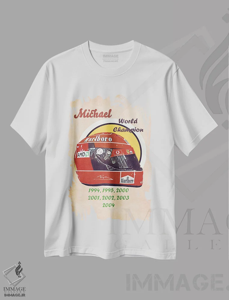 تیشرت سفید طرح دار کلاه ایمنی رتو مایکل شوماخر، تزئینی اثر پاپ کالت پوسترز | immage.ir