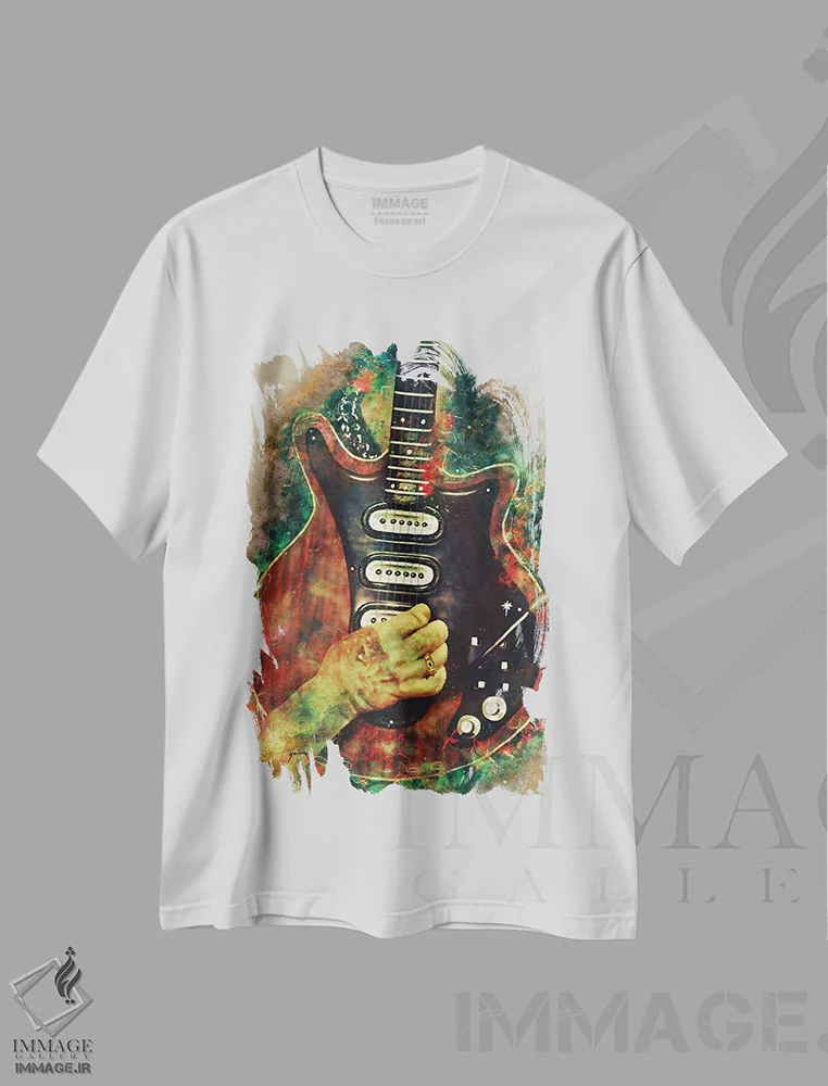 تیشرت سفید طرح دار گیتار برایان می، هنر دیجیتال اثر پاپ کالت پوسترز | فروشگاه ایماژ