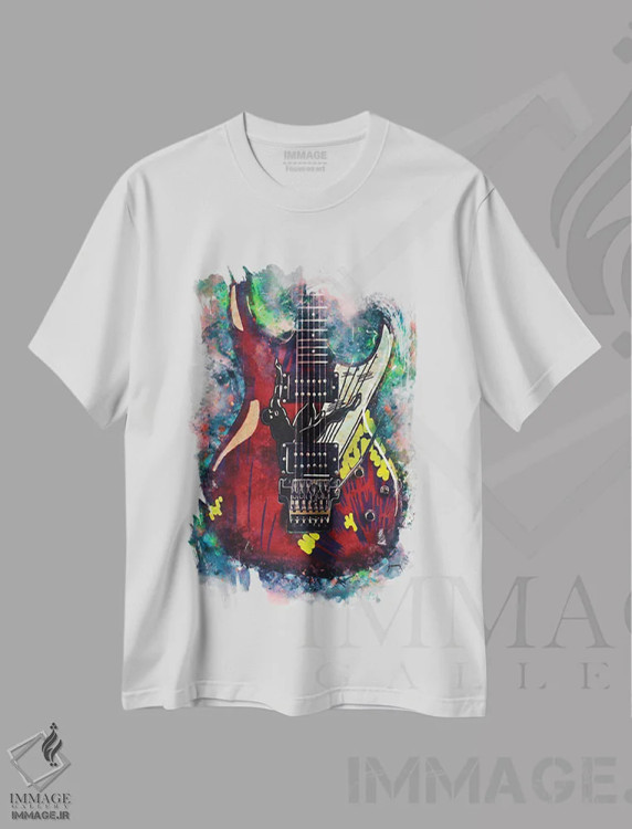 تیشرت سفید طرح دار گیتار برقی جو ساتریانی، هنر دیجیتال اثر پاپ کالت پوسترز | فروشگاه ایماژ