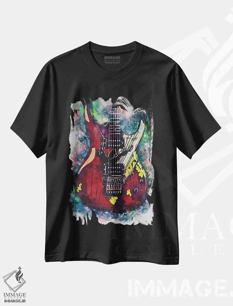تیشرت مشکی طرح دار گیتار برقی جو ساتریانی، هنر دیجیتال اثر پاپ کالت پوسترز | immage.ir