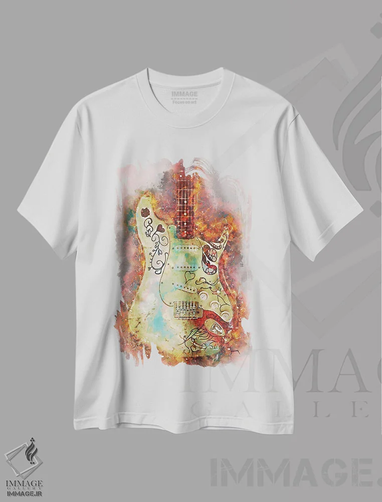 تیشرت سفید طرح دار گیتار مانتری جیمی هندریکس، هنر دیجیتال اثر پاپ کالت پوسترز | immage.ir